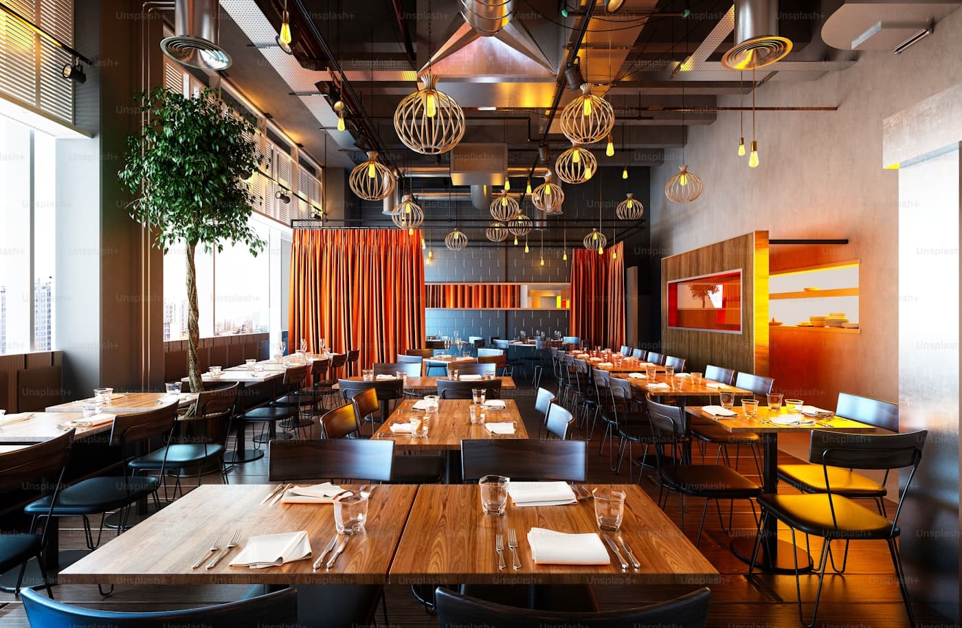 A stylish Chicago restaurant table with plated dishes and cocktails at night